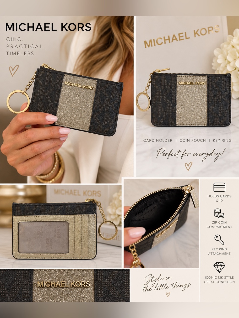 Michael Kors Black with Gold Glitter Center Card Pouch Key Ring